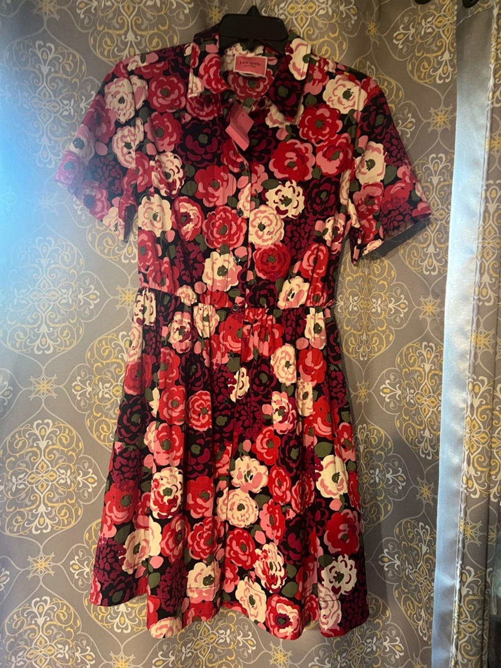 kate spade Floral Button-Up Blouse in Red, Pink, Black, Green